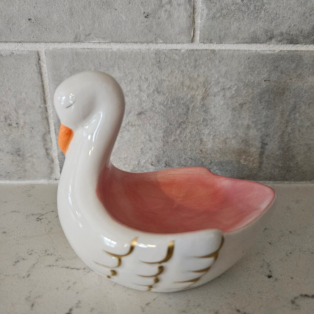 Ceramic White & Pink Swan Planter / Trinket Dish with Gold Trim Cottagecore